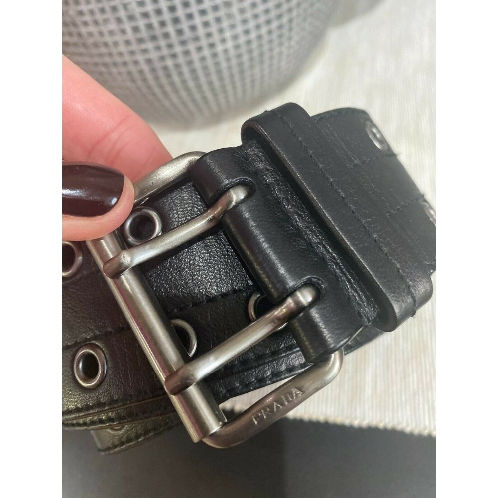 PRADA Black Leather Silver Grommet Belt - Picture 5 of 8